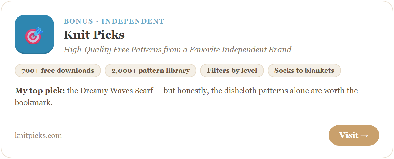 Knit Picks — high-quality free knitting patterns and crochet patterns from a favorite independent brand. 700+ free downloads in a 2,000+ pattern library with beginner-friendly filters.